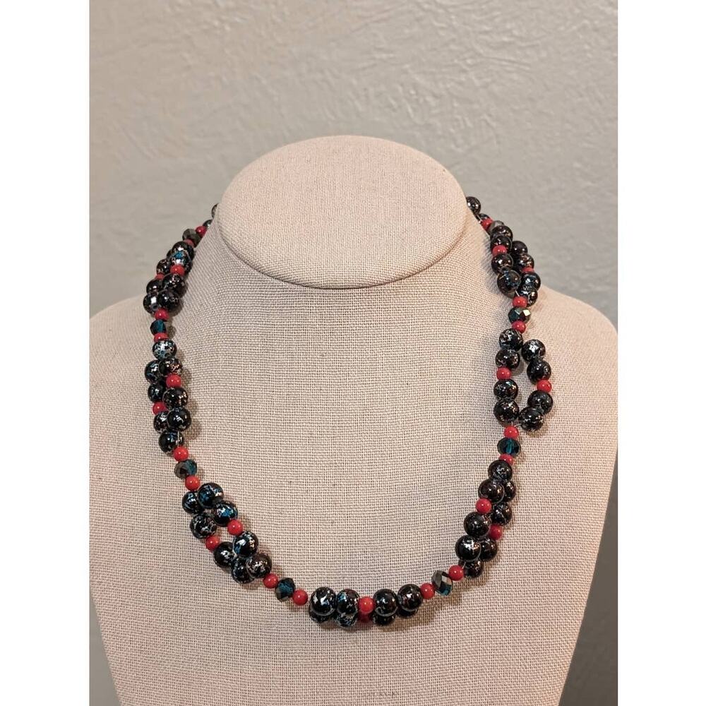 Twisted Red and Black Glass Beads W/ Toggle Clasp and Dragonfly Charm Necklace
